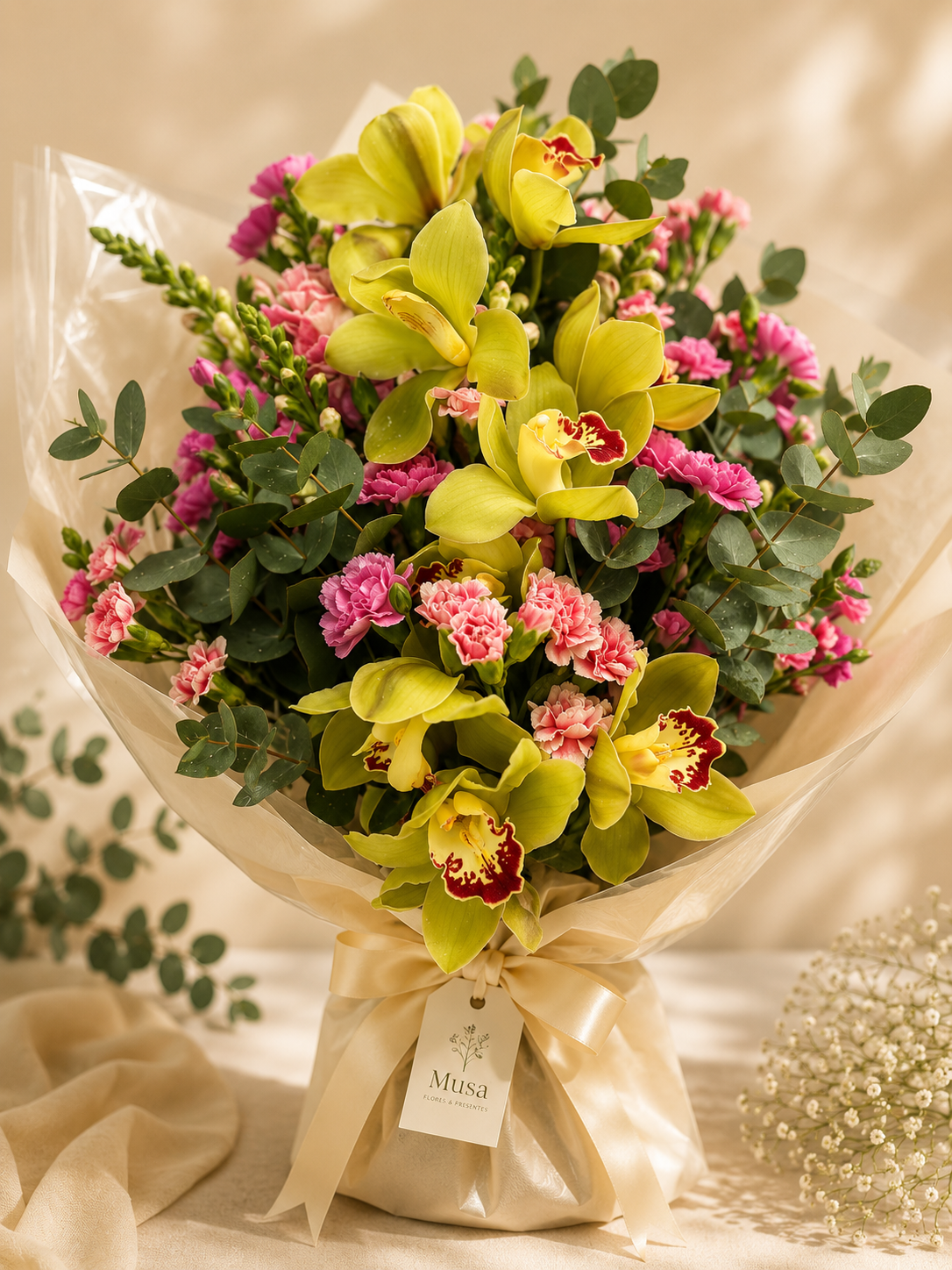 Bouquet com Cravíneas e Orquídea Cymbidium